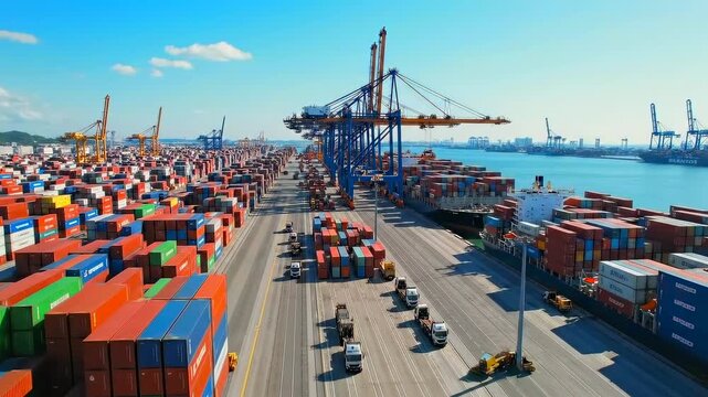 aerial container terminal packed with colorful shipping containers under clear blue sky, gantry cranes loading and unloading, trucks and yard vehicles navigating lanes, crane operators
