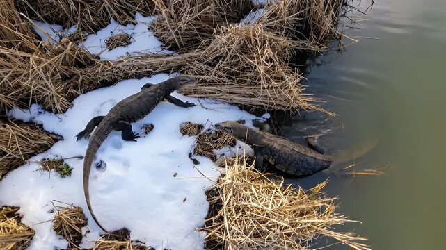 Two lizards on snow near water, wildlife in natural habitat.