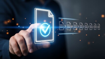 Businessman interacting with digital document workflow on futuristic interface