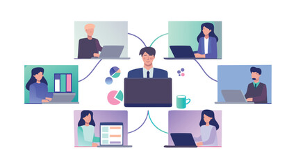 Businessman leads remote team meeting with laptops and data analysis