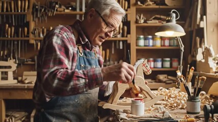 A craftsman in an apron paints a wooden rocking horse in a warm workshop, among tools; and shavings!