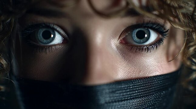 Extreme Close Up of Woman's Intense Blue Eyes with Mouth Covered by Black Mesh Gag