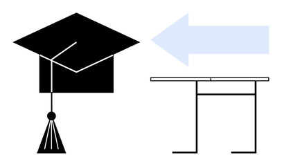 Education, graduation, career goals, academic success, student achievements, future planning. A graduation cap, desk and directional arrow. Graduation and career goals concepts