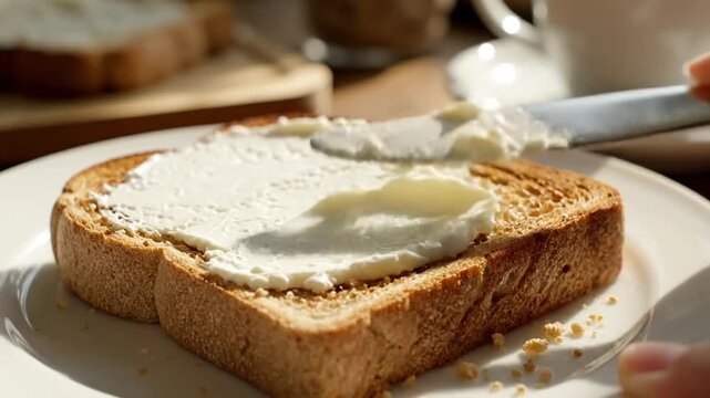 Two toasted bread slices with thick white cream cheese, sunlight at a cozy breakfast table by window