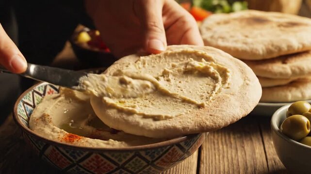Hands spread creamy hummus onto warm pita surrounded by olives on a rustic wooden table. Fresh bite