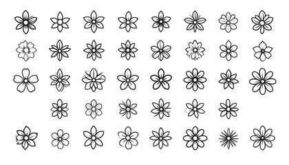 A collection of stylized, outline floral illustrations of various sizes, displaying diverse petal shapes with central details
