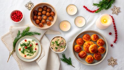Holiday meal with various dishes served on a white table covered with decorations