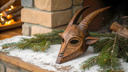 Wooden mask displayed on snowy surface with pine branches in cabin setting during winter season