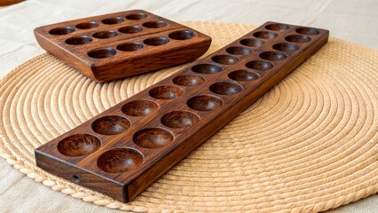 Wooden board game pieces arranged on a straw mat in a simple indoor setting