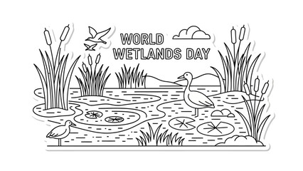 World Wetlands Day sticker illustration of a serene marshland ecosystem with birds and aquatic plants