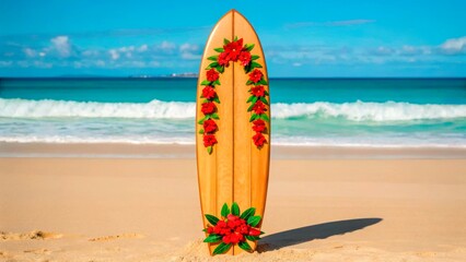 Surfboard decorated with flowers stands on the beach near ocean waves on a sunny day in Hawaii