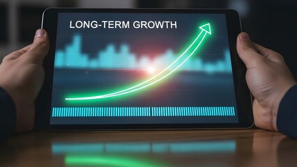 Tablet screen shows long-term growth chart with upward trending arrow and city skyline