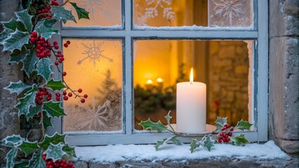 Candlelight shines through a window with holly and snow during winter season