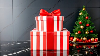 Christmas presents on a black marble table with a small decorated tree nearby