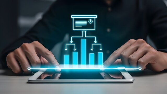 Person using tablet with glowing flowchart and bar chart icons representing business strategy - Powered by Adobe