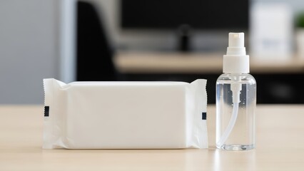 White sanitizing wipes package and transparent spray bottle on light wooden table in office setting