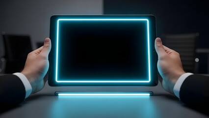 Person in a suit holding a tablet with a glowing blue neon frame on a desk.