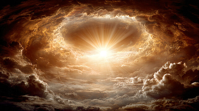 Deep orange celestial clouds vortex surrounding powerful bright sunburst spiritual energy mystical heavenly background