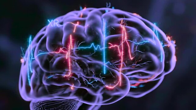 Glowing brain rendering with pulsing neural activity and synapse sparks, neuroscience lab mapping cortical networks and stimulation patterns in vivid violet and electric blue.
