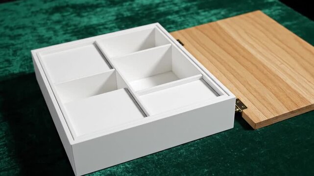 Open white jewelry box with divided compartments, wood lid, on dark green textured surface. Close-up