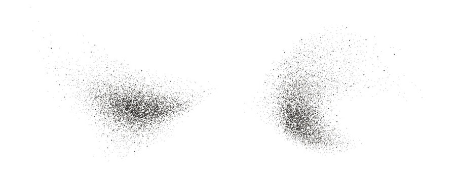 Black pepper powder splashes. Flying seasoning particles burst. Grey dust sand and dirt textured piles. Salt and pepper flakes scattered on surface. Dried spicy explosion. Vector illustration