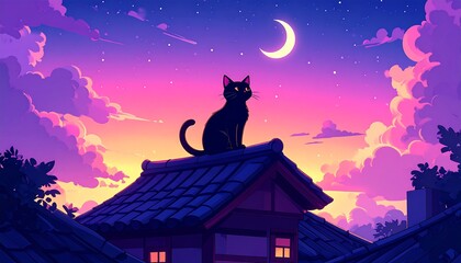 A serene, animated scene depicts a black cat perched atop a Japanese-style roof under a vibrant, colorful twilight sky with a crescent moon