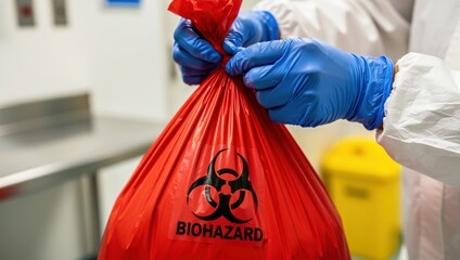 Pandemic Preparedness Lessons concept. Red biohazard bag being secured with blue-gloved hands.