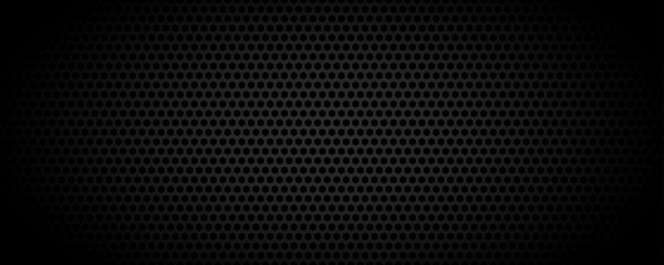 Obraz premium Black geometric perforated texture background. Abstract tech pattern backdrop. Technical circle grid design wallpaper. Vector illustration isolation concept. Dark grey round hole cover 