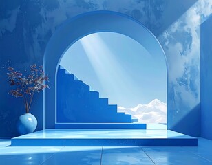 A serene architectural design in shades of blue, featuring an archway, stairs, and a mountain scene in the background