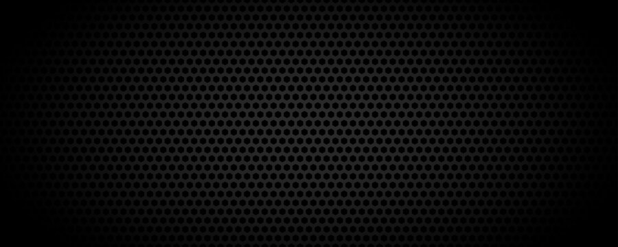 Black geometric perforated texture background. Abstract tech pattern backdrop. Technical circle grid design wallpaper. Vector illustration isolation concept. Dark grey round hole cover 