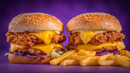 Two Double Crispy Chicken Burgers with Extra Cheese and Fries on a Vibrant Purple Background.