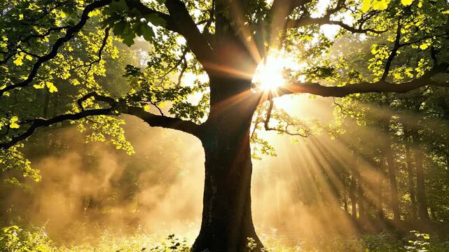 A majestic tree stands tall in a forest, with sunlight streaming through its leaves. The warm light creates a serene atmosphere, highlighting the tree and surrounding greenery.