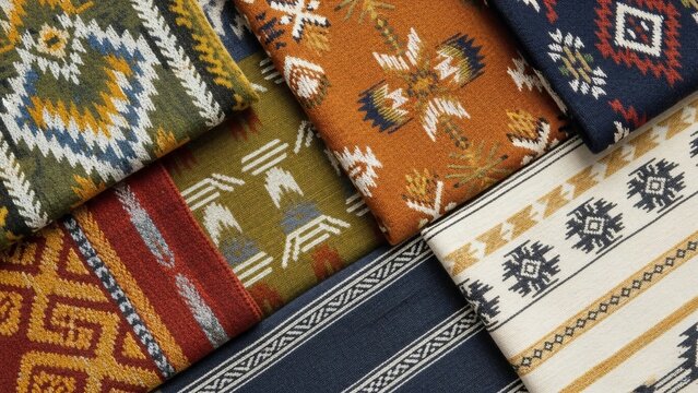 Collection of Diverse Woven Textile Patterns with Geometric and Floral Designs.