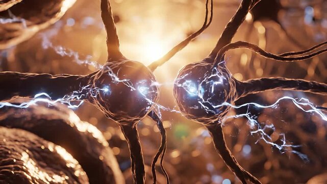 Two neurons connect, illustrating a transmission of energy as electric signals flow between them. The neural network glows with light, depicting the dynamic activity of the neurons.