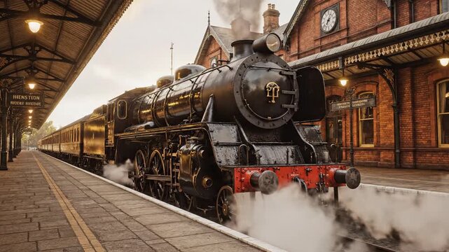 Vintage steam locomotive at a brick railway station, billowing smoke beneath warm platform lights.!!
