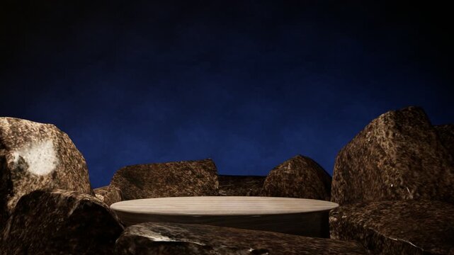 Stone podium surrounded by rocks with deep blue dark background, minimal luxury stage for product presentation, premium branding and cosmetic mockup, 3d rendering