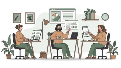 Fototapeta premium People working in a modern office, collaborating on projects with data analytics.
