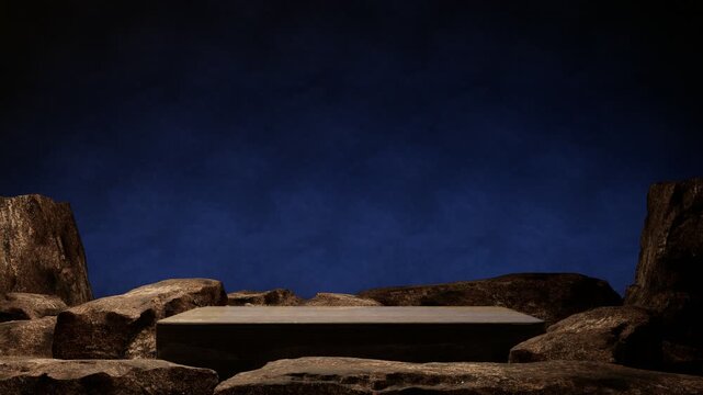 Stone podium surrounded by rocks with deep blue dark background, minimal luxury stage for product presentation, premium branding and cosmetic mockup, 3d rendering