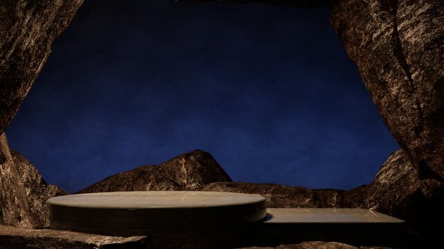 Stone podium surrounded by rocks with deep blue dark background, minimal luxury stage for product presentation, premium branding and cosmetic mockup, 3d rendering