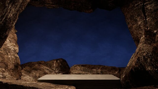 Stone podium surrounded by rocks with deep blue dark background, minimal luxury stage for product presentation, premium branding and cosmetic mockup, 3d rendering