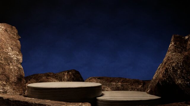 Stone podium surrounded by rocks with deep blue dark background, minimal luxury stage for product presentation, premium branding and cosmetic mockup, 3d rendering