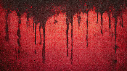 A blood-soaked red wall with streaks dripping down, conveying a sense of dread and mystery.