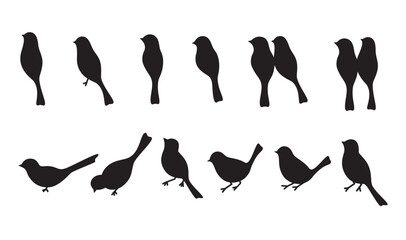 Perching birds silhouette vector illustration set featuring black bird shapes. Includes single birds and paired birds in a minimal, simple, flat graphic style.