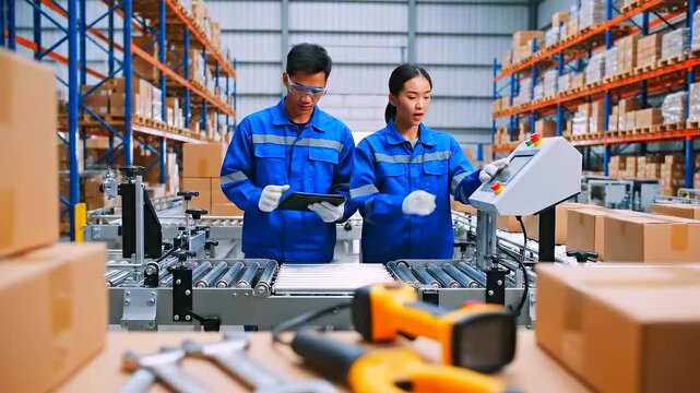 two workers packing boxes on conveyor in busy warehouse with blue uniforms and white gloves, performing label scanning, quality check and collaborative loading among tall shelving