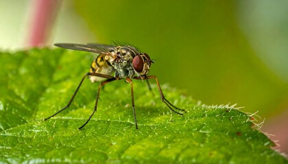 A close-up view of a small fly with a detailed patterned body, perched on a textured green leaf with a blurry background