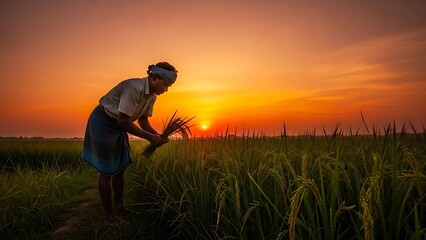 Fototapeta premium A woman works in a lush green field during a vibrant sunset