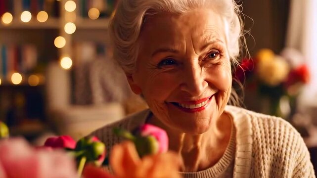 Elderly lady views bright blossoms happily, Older woman appreciates lively flower arrangement contentedly, Elderly woman finds joy in colorful bouquet within snug and inviting space