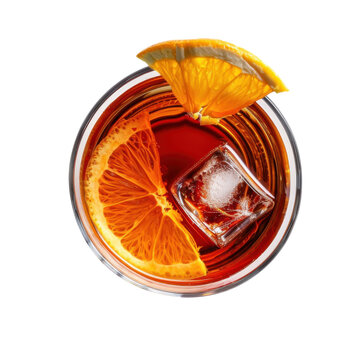 Refreshing negroni cocktail with orange slices and a large ice cube isolated on white background