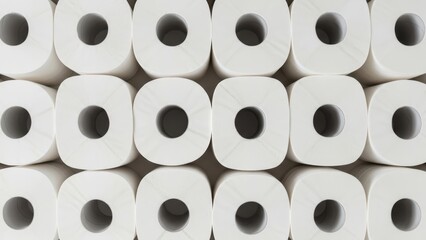 Top view of organized white toilet paper rolls forming a neat geometric pattern for household concepts