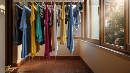Colorful clothes hanging indoors to dry on a rainy day near open windows with water droplets on the floor